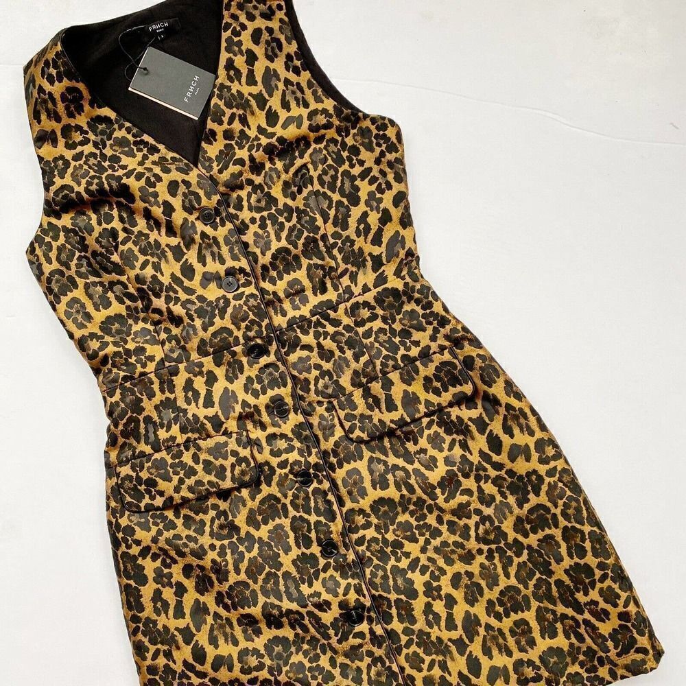 FRNCH Paris Adelphia Dress Button Down Jacquard Leopard Print Pockets NWT Size S